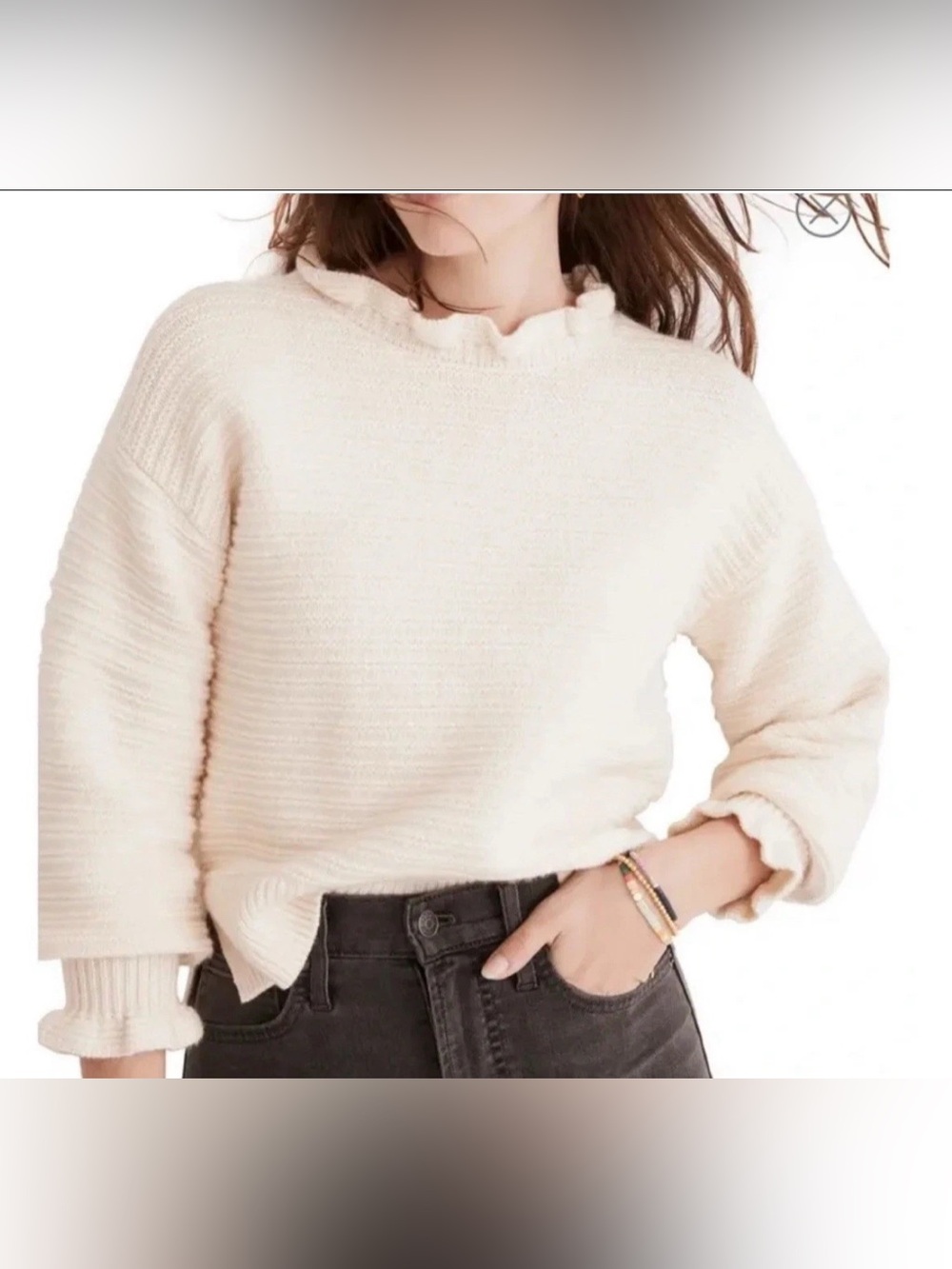 Madewell Cotton Merino Yarn Cream Ruffle-Neck Ribbed Knit Sweater M